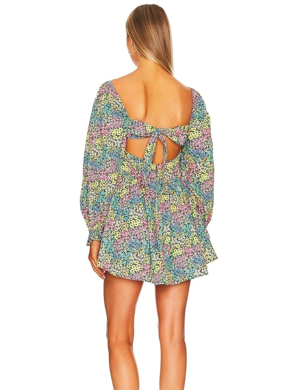 For Love & Lemons Ruth Floral Mini Dress 2X Puff Sleeve Open Back - Picture 2 of 9